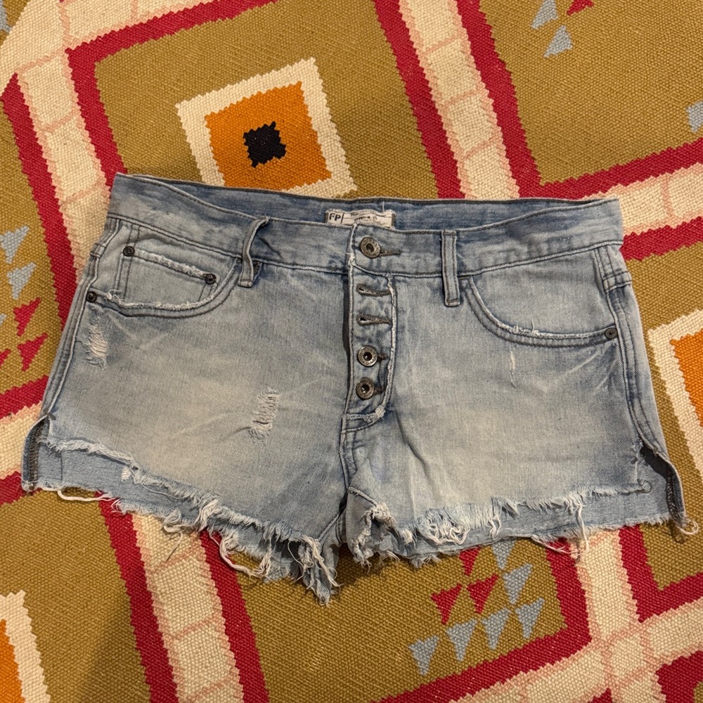 Free People Light Blue Distressed Jean Shorts